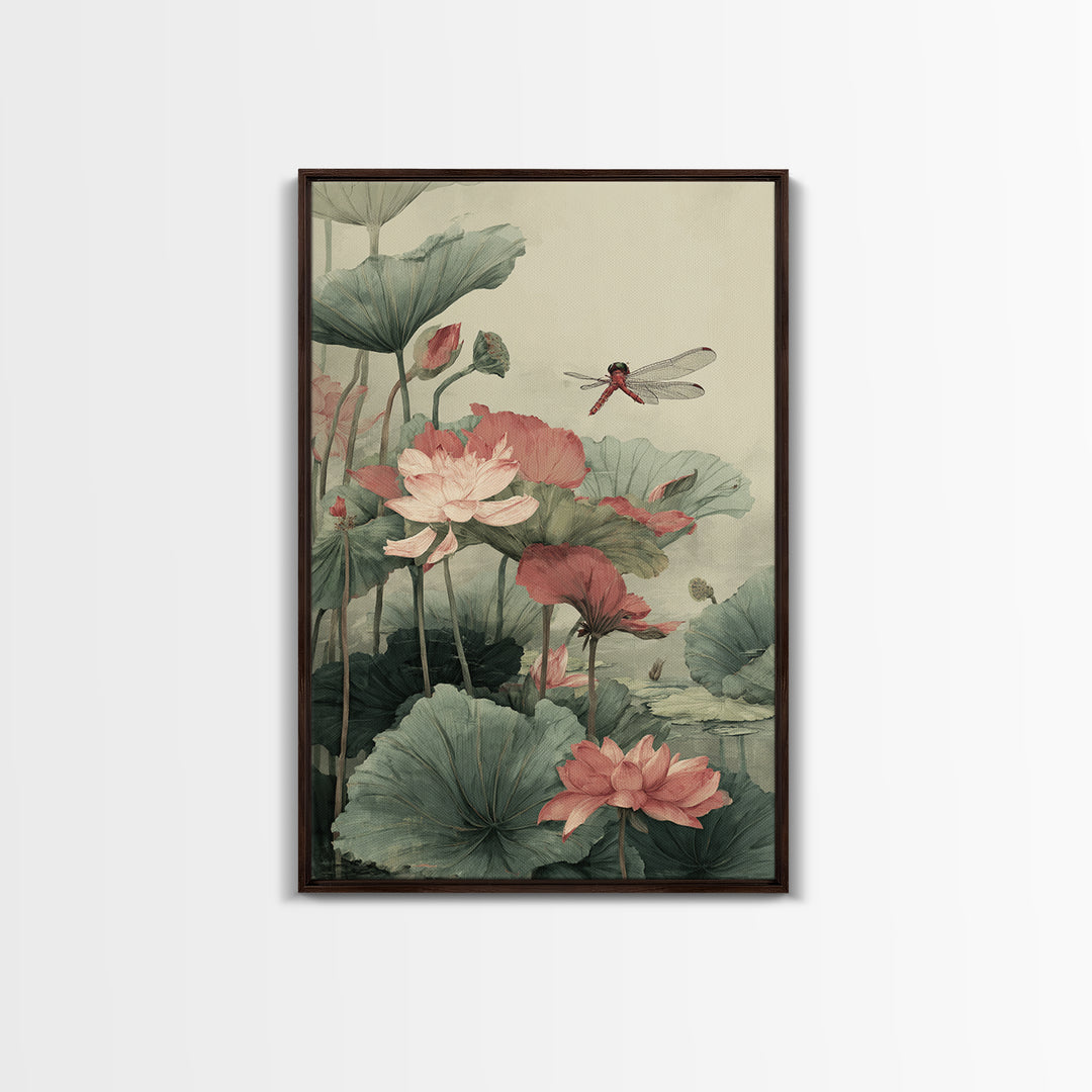 Dragonfly over Lotus Pond Framed Canvas Print, Zen Art, Minimalist Decor, Living Room Decor, Fine Art, Zen, Printable Art, ZEN-2x3-24