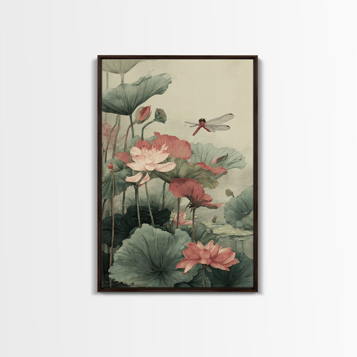 Dragonfly over Lotus Pond Framed Canvas Print, Zen Art, Minimalist Decor, Living Room Decor, Fine Art, Zen, Printable Art, ZEN-2x3-24