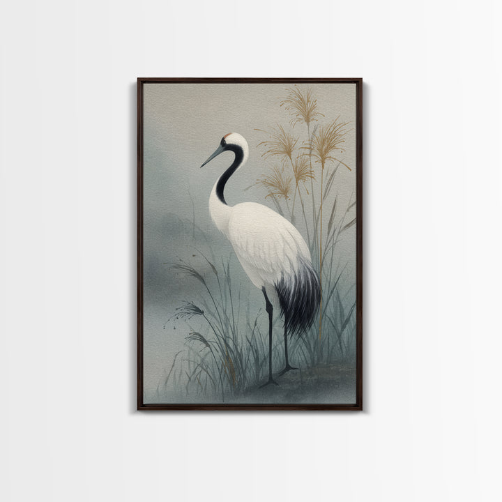 White Crane Standing Canvas Print, Zen Art, Minimalist Wall Art, Living Room Decor, Zen, Fine Art Print, Statement Artwork, ZEN-2x3-39