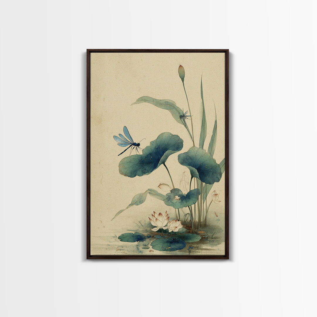 Dragonfly over Lotus Pond Framed Canvas Print, Zen Art, Living Room Decor, Watercolor Art, Zen, Extra Large Wall Art, ZEN-2x3-48