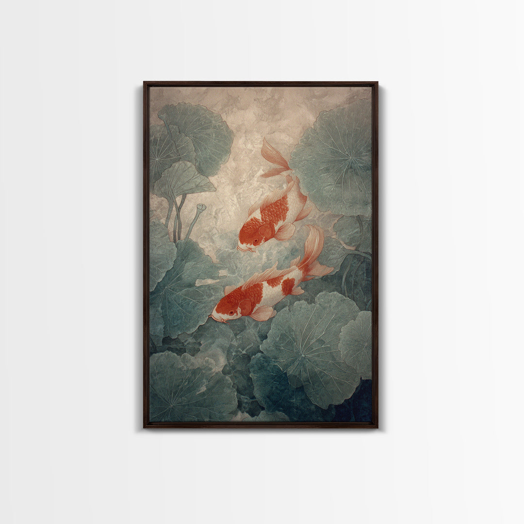 Koi Fish Beneath Floating Lotus Leaves Framed Canvas Print, Zen Art, Japandi Wall Art, Living Room Decor, Fine Art, Zen, ZEN-2x3-60