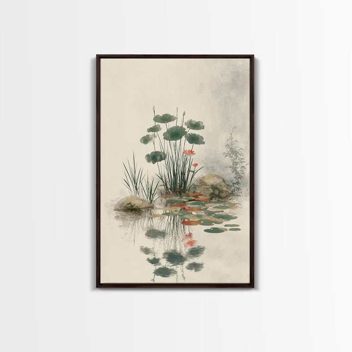 Moon Reflected in Quiet Pond Canvas Print, Zen Art, Living Room Decor, Oil Painting, Zen, Japanese Decor, Flower Print, ZEN-2x3-66