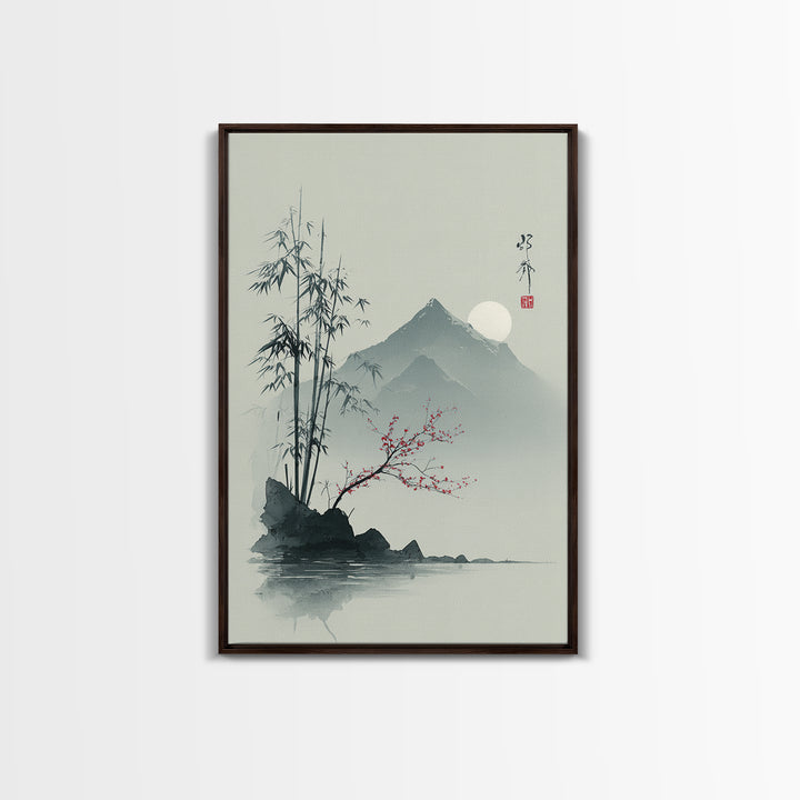 Minimal Mountain in Fog with Empty Space Framed Canvas Print, Zen Art, Contemporary Art, Living Room Decor, Oil Painting, Zen, ZEN-2x3-85