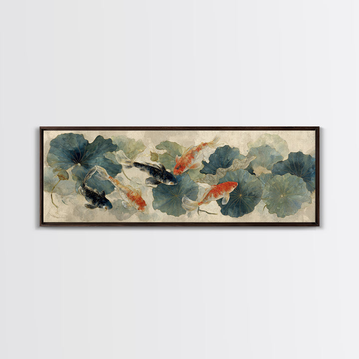 Koi Fish Beneath Floating Lotus Leaves Canvas Print, Zen Art, Neutral Wall Art, Living Room Decor, Fine Art, Zen, ZEN-3x1-20