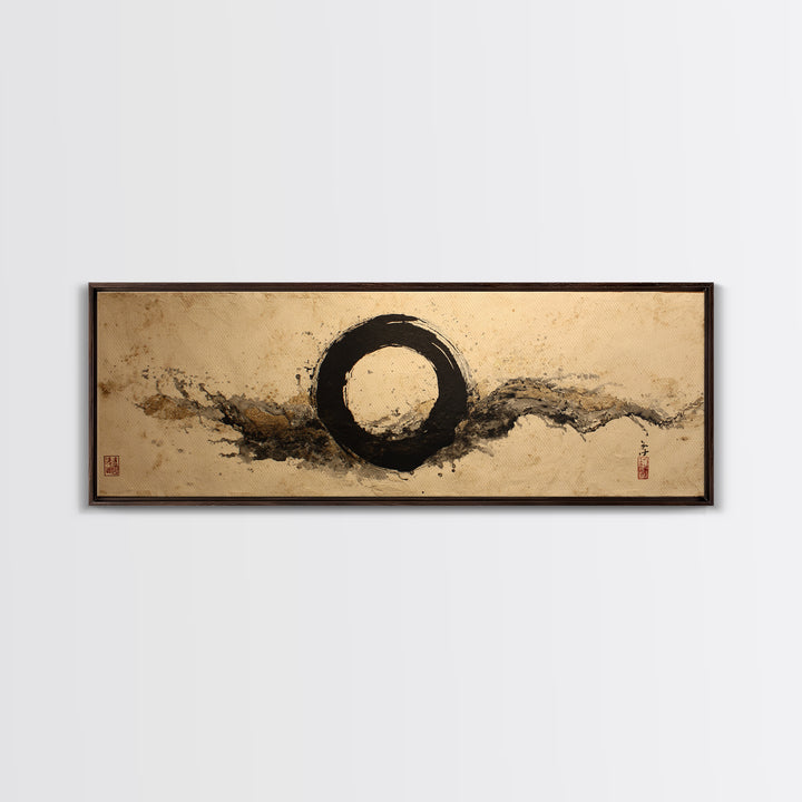 Single Black Ens Circle on Warm Paper Framed Canvas Print, Zen Art, Wall Art, Living Room Decor, Oil Painting, Zen, ZEN-3x1-89