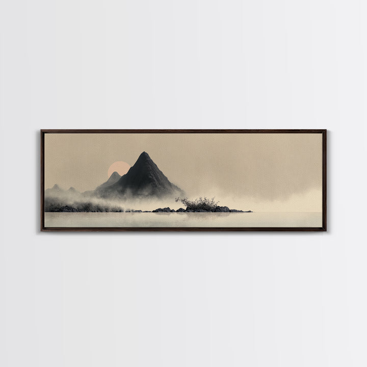 Minimal Mountain in Fog with Empty Space Canvas Print, Zen Art, Home Decor, Living Room Decor, Oil Painting, Zen, Boho Wall Art, ZEN-3x1-93
