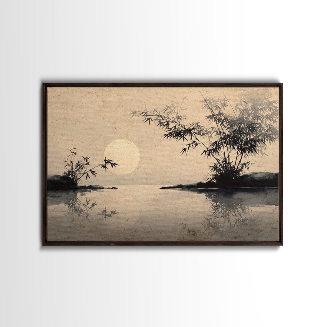 Moon Reflected in Quiet Pond Framed Canvas Print, Zen Art, Abstract Painting, Living Room Decor, Fine Art, Zen, Gallery Decor, ZEN-3x2-14