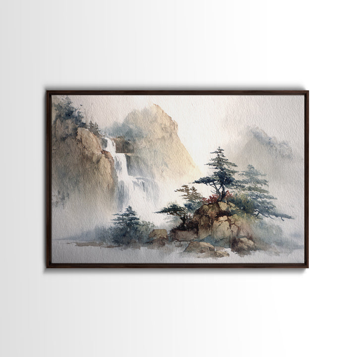Ink Wash Waterfall Framed Canvas Print, Zen Art, Fine Art Print, Living Room Decor, Abstract Art, Zen, Printable Wall Art, ZEN-3x2-25