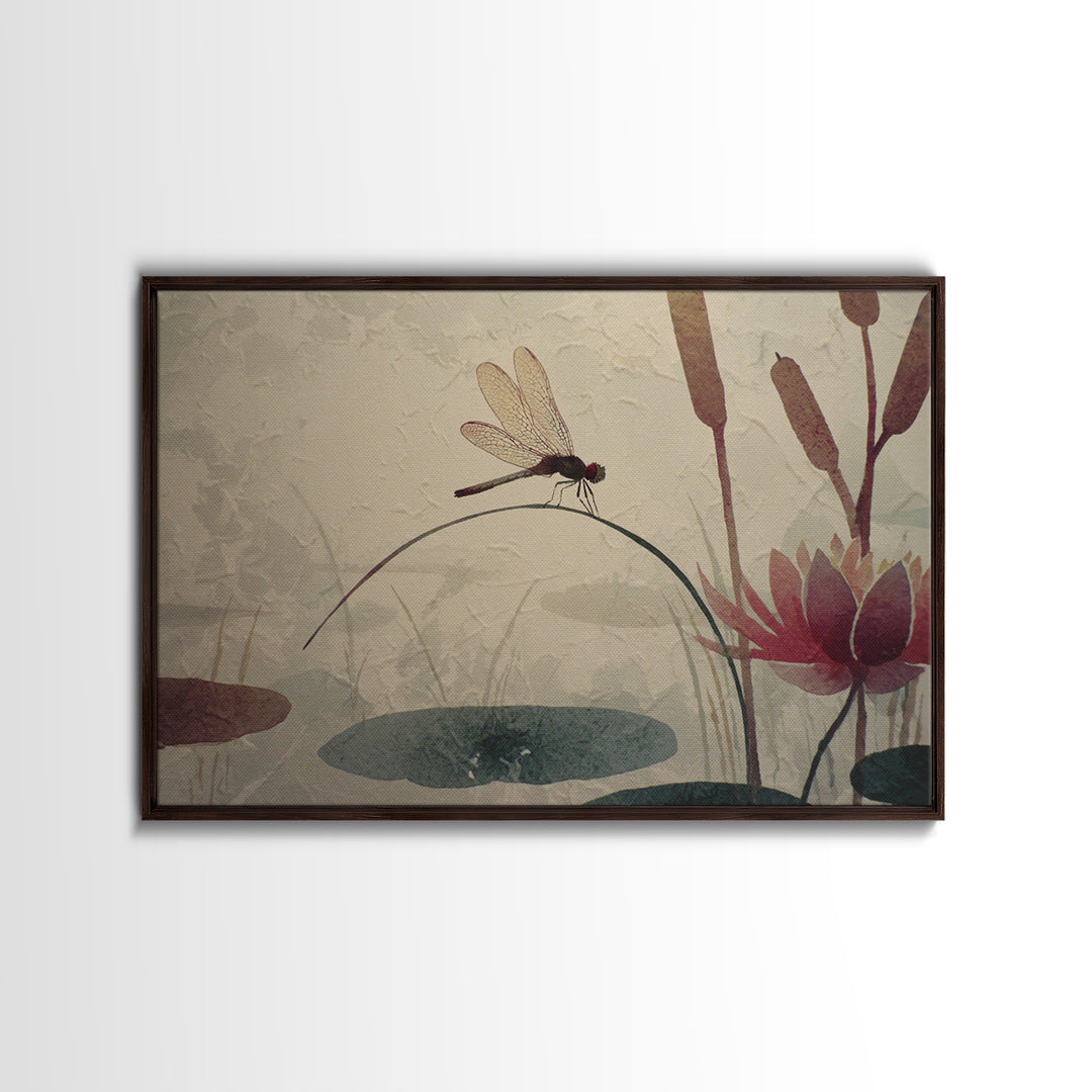 Dragonfly over Lotus Pond Canvas Print, Zen Art, Textured Painting, Living Room Decor, Watercolor Art, Zen, Abstract Art, ZEN-3x2-44