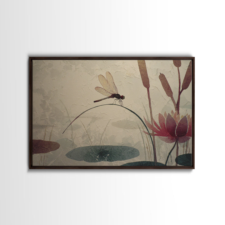 Dragonfly over Lotus Pond Canvas Print, Zen Art, Textured Painting, Living Room Decor, Watercolor Art, Zen, Abstract Art, ZEN-3x2-44