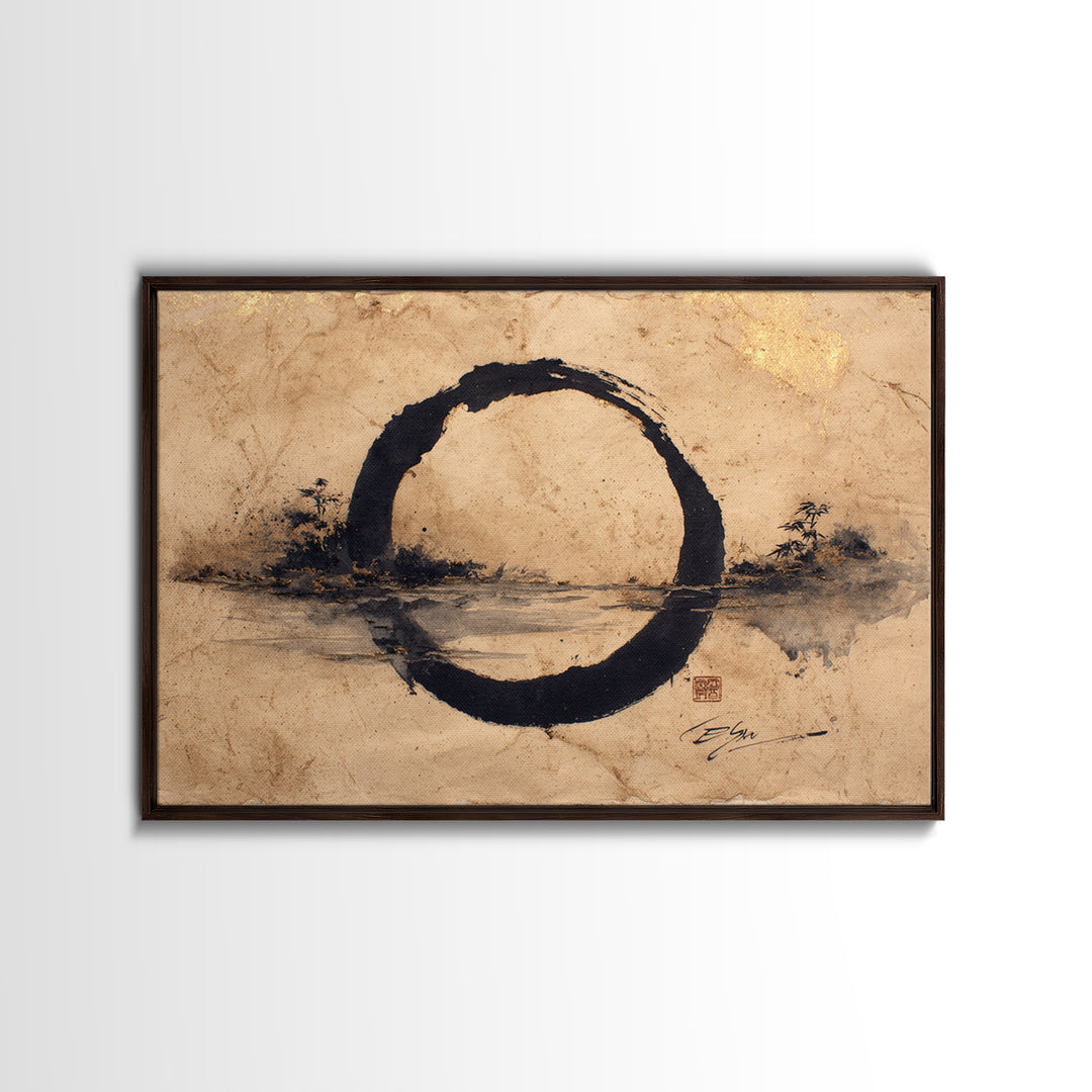 Single Black Ens Circle on Warm Paper Framed Canvas Print, Zen Art, Statement Artwork, Living Room Decor, Fine Art, Zen, ZEN-3x2-5