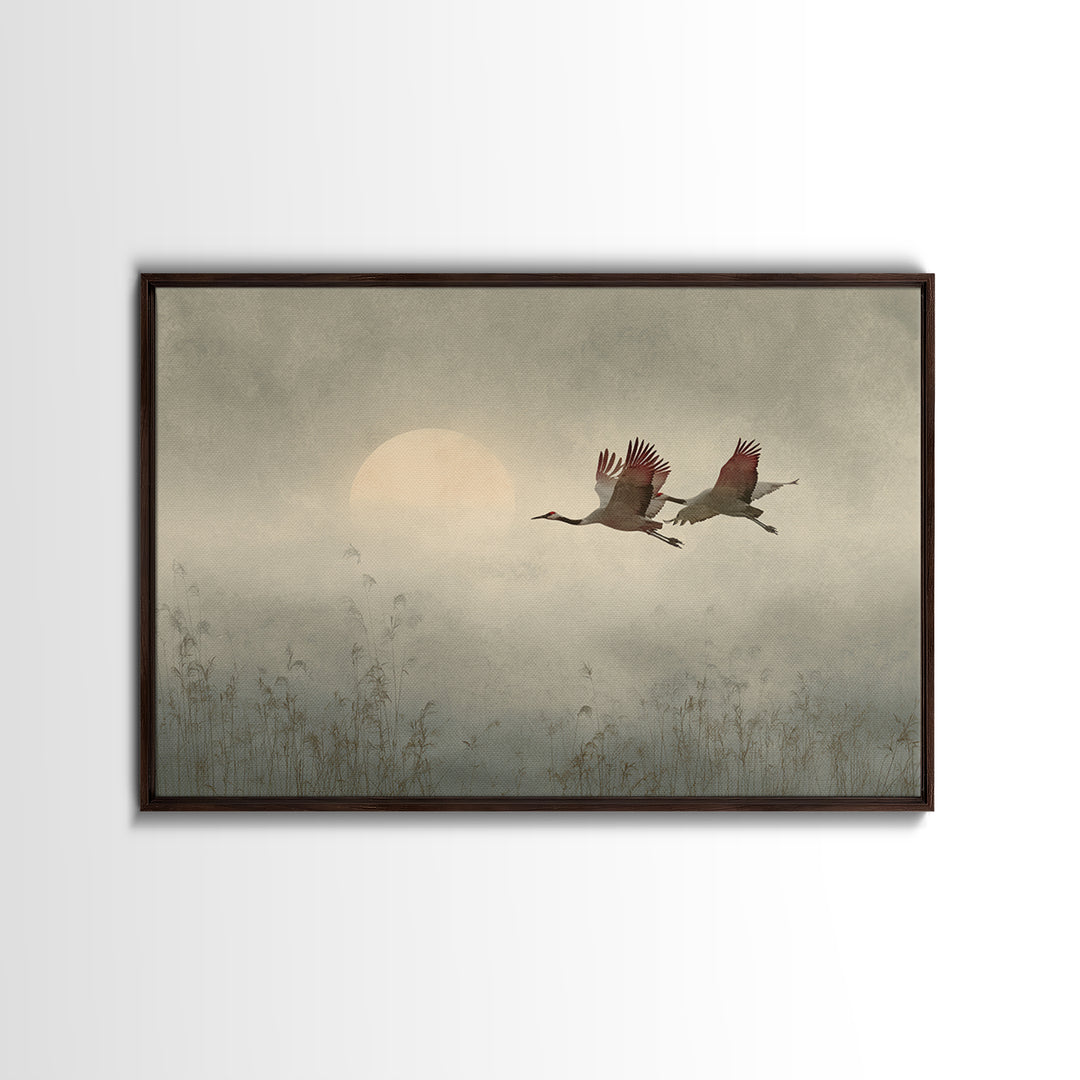 Crane Flying Across Pale Sun Canvas Print, Zen Art, Boho Decor, Living Room Decor, Abstract Art, Zen, Original Painting, ZEN-3x2-52