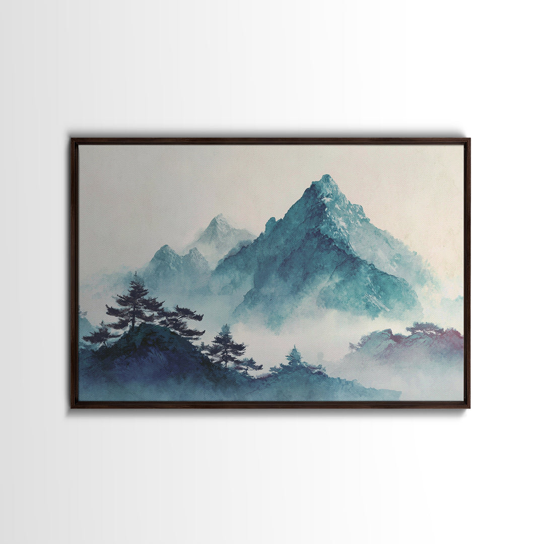 Minimal Mountain in Fog with Empty Space Canvas Print, Zen Art, Boho Decor, Living Room Decor, Fine Art, Zen, Original Painting, ZEN-3x2-57