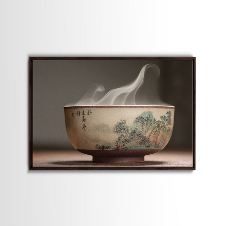 Tea Bowl with Steam Rising Gently Framed Canvas Print, Zen Art, Metal Wall Art, Living Room Decor, Zen, Japandi Wall Art, ZEN-3x2-60