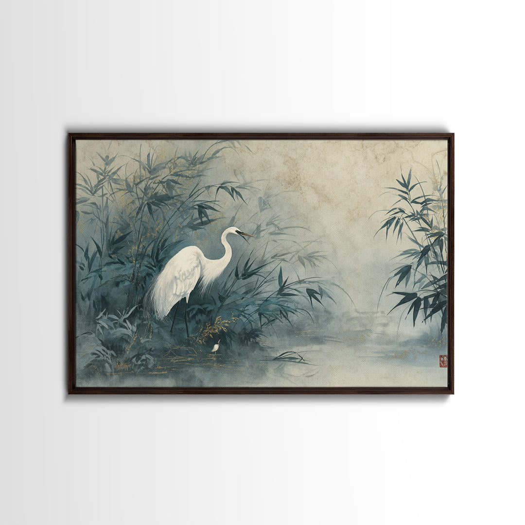 White Crane Standing Canvas Print, Zen Art, Japanese Decor, Living Room Decor, Fine Art, Zen, Luxury Decor, Textured Painting, ZEN-3x2-83
