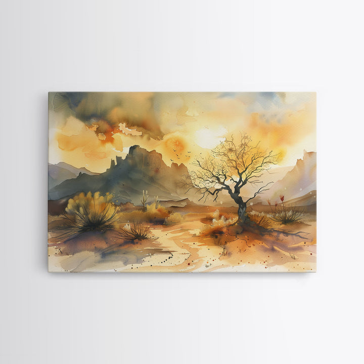 Large Wall Art Desert Print, Wood Framed Canvas Print, Original Artwork, Watercolor Landscape Painting, Minimalist Wall Art
