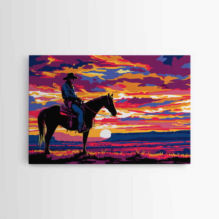 Cowboy At Sunset Watercolor Painting Framed Canvas Print, Western Decor, Gift For Him, Guy Gift, Rodeo Art, Southwestern Wall Decor