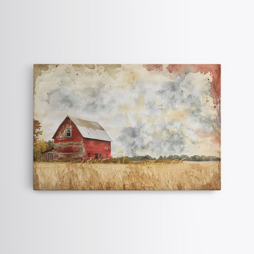 Red Barn Watercolor Painting Framed Canvas Print, Watercolor Painting From Photo Landscape, Wall Decor, Home Decor