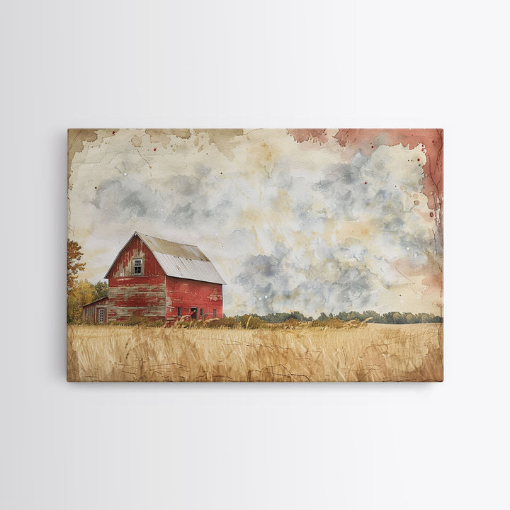Red Barn Watercolor Painting Framed Canvas Print, Watercolor Painting From Photo Landscape, Wall Decor, Home Decor