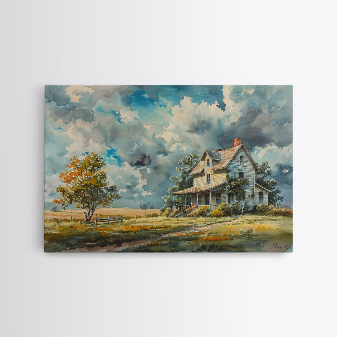 Beautiful Cottagecore Kitsch Framed Canvas Print Of An Old Farmhouse, Watercolor Painting, Custom Original Art, Living Room Decor