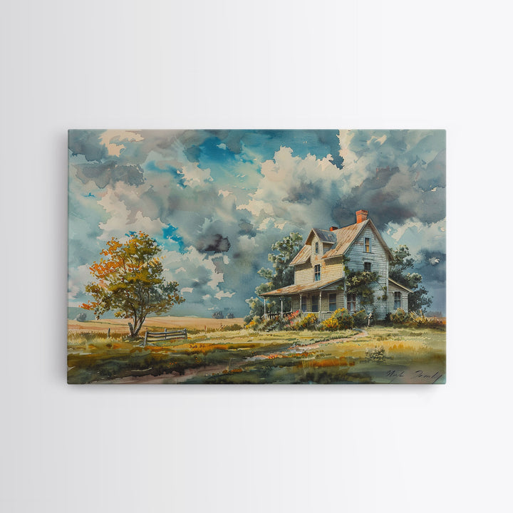 Beautiful Cottagecore Kitsch Framed Canvas Print Of An Old Farmhouse, Watercolor Painting, Custom Original Art, Living Room Decor