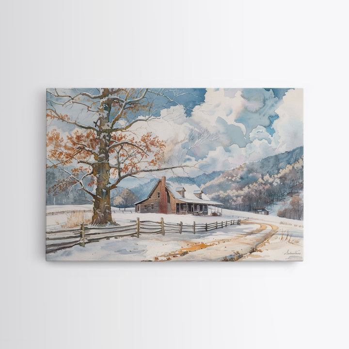 Painting Of A Farmhouse In The Winter, Cottagecore, Framed Canvas Print, Kitsch Home Decor, Western Country Art, Living Room Decor