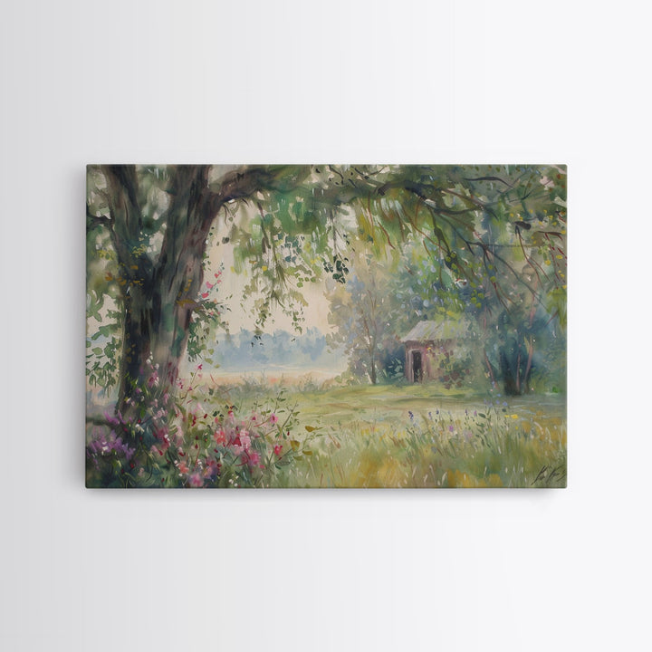 Painting Of An Old Farmhouse In The Spring, Framed Canvas Print, Watercolor Painting, Original Art, Living Room Art, Wall Art