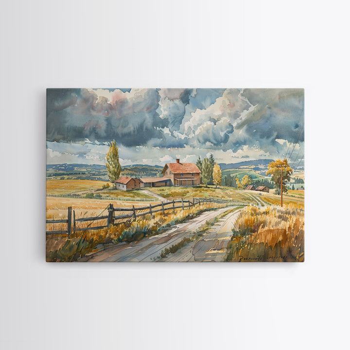 Primitive Farmhouse Watercolor Painting Framed Canvas Print, Framed Art, Wood Frame Art, Kitsch Decor, Southwestern Decor, Rustic Art