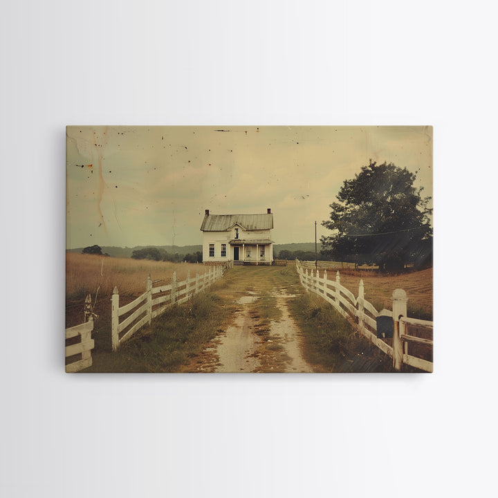 Old Photo Print Of An 1800s Farmhouse, White Picket Fences, Vintage Style Wall Art, Framed Canvas Print, Rustic Primitive Wall Art