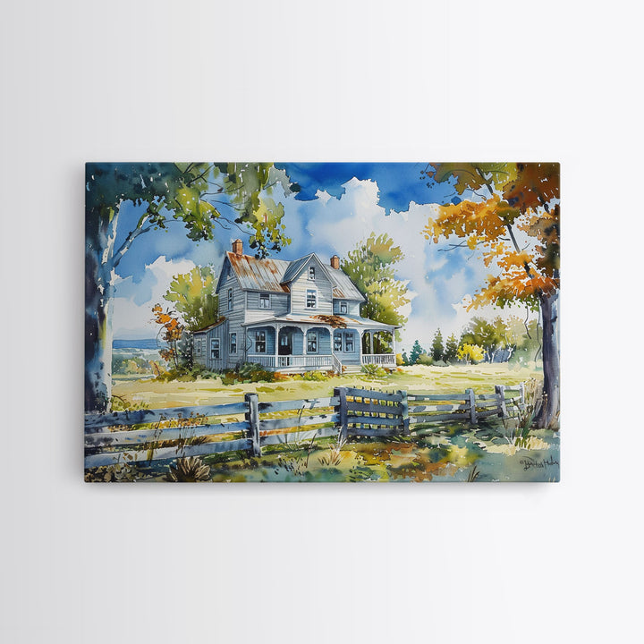 Retro Watercolor Painting Print Of A Vintage Farmhouse, Kitsch Art, Wall Art, Farmhouse Decor, Western Art For Living Room