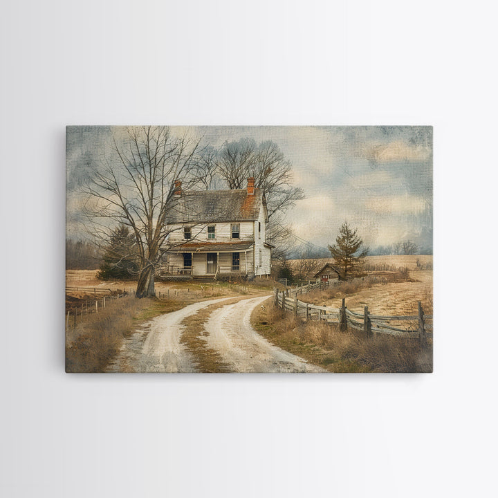 Old Country Roads Framed Wall Art Canvas Print, Water Color Painting Of A Rustic Cottage, Texas Decor, Southwest Wall Art