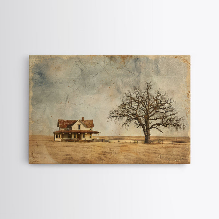 Little Farmhouse On A Texas Prairie Framed Canvas Print, Original Rustic minimalist Art, Wood Frame Rustic Home Decor