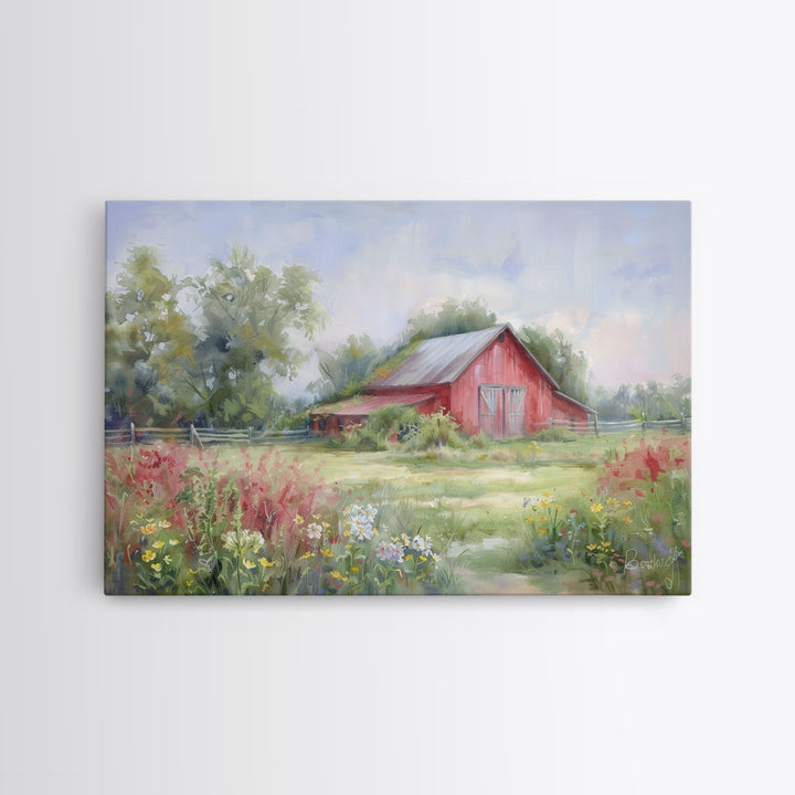 Old Red Barn Rustic Art, Framed Canvas Print Of An Original Art Watercolor Painting, Cottage Core Decor, Whimsical Kitsch Living Room Art