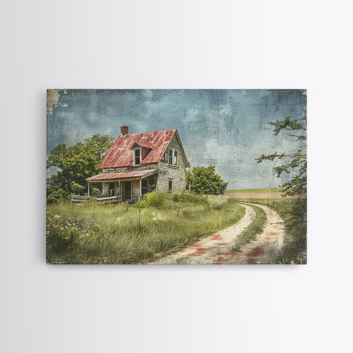 Watercolor Painting Of An Old Red Farmhouse, Framed Canvas Print, Wall Art Prints, Rustic Farmhouse Decor, Minimalist Art, Kitsch Decor