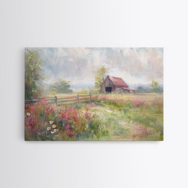 Farm Art, Framed Canvas Print, Rustic Watercolor Painting Of An Old Barn, Farmhouse Color Palette, Boho Decor
