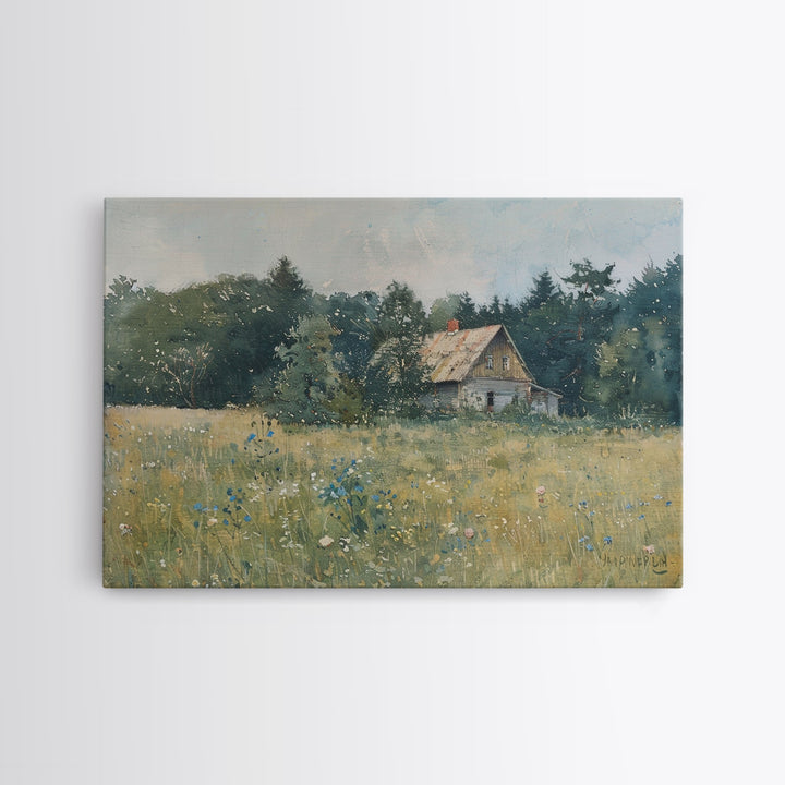 Old Painting Of A Barn Canvas Print, Gift Decor, Housewarming Gift, Folk Art, Cottagecore, Antique Style, Unique Decor, Original Painting