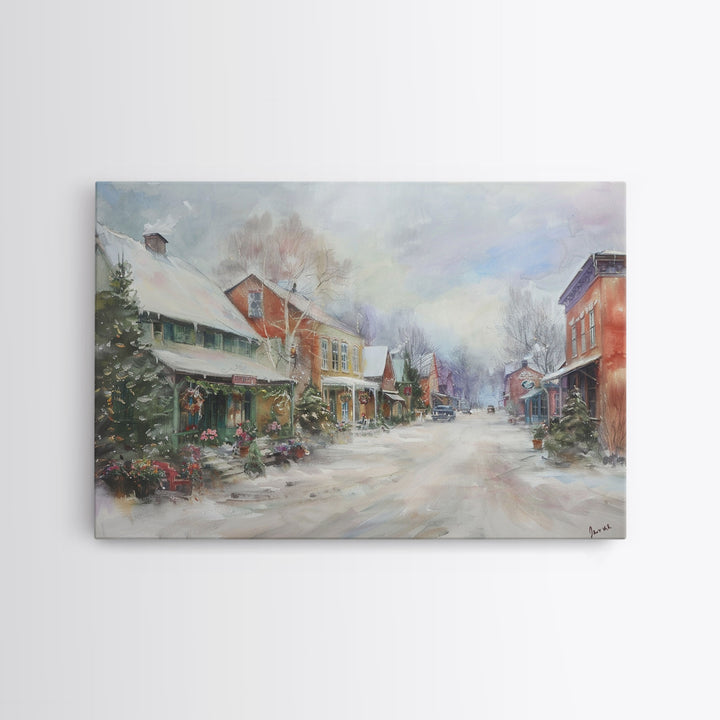 Small Town America At Christmas Time, Framed Canvas Print, Winter Scenary Wall Decor, Folk Art Framed Canvas, Metal Wall Art Living Room