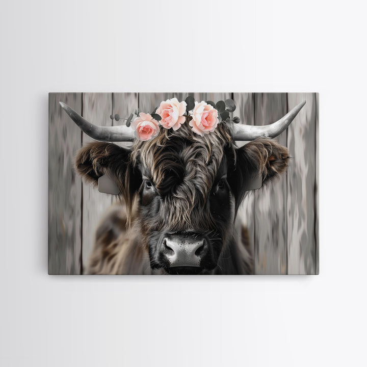 Framed Canvas Wall Art, Cute Highland Cow Print, Modern Wall Art Farmhouse Decor, Fun Rustic Farmhouse Art, Life On The Farm, Cow and Flower