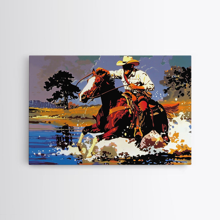 Cowboy Crossing The Colorado River, Arizona Print, Original Painting Framed Canvas Print, Western Home Decor, Wild West Art