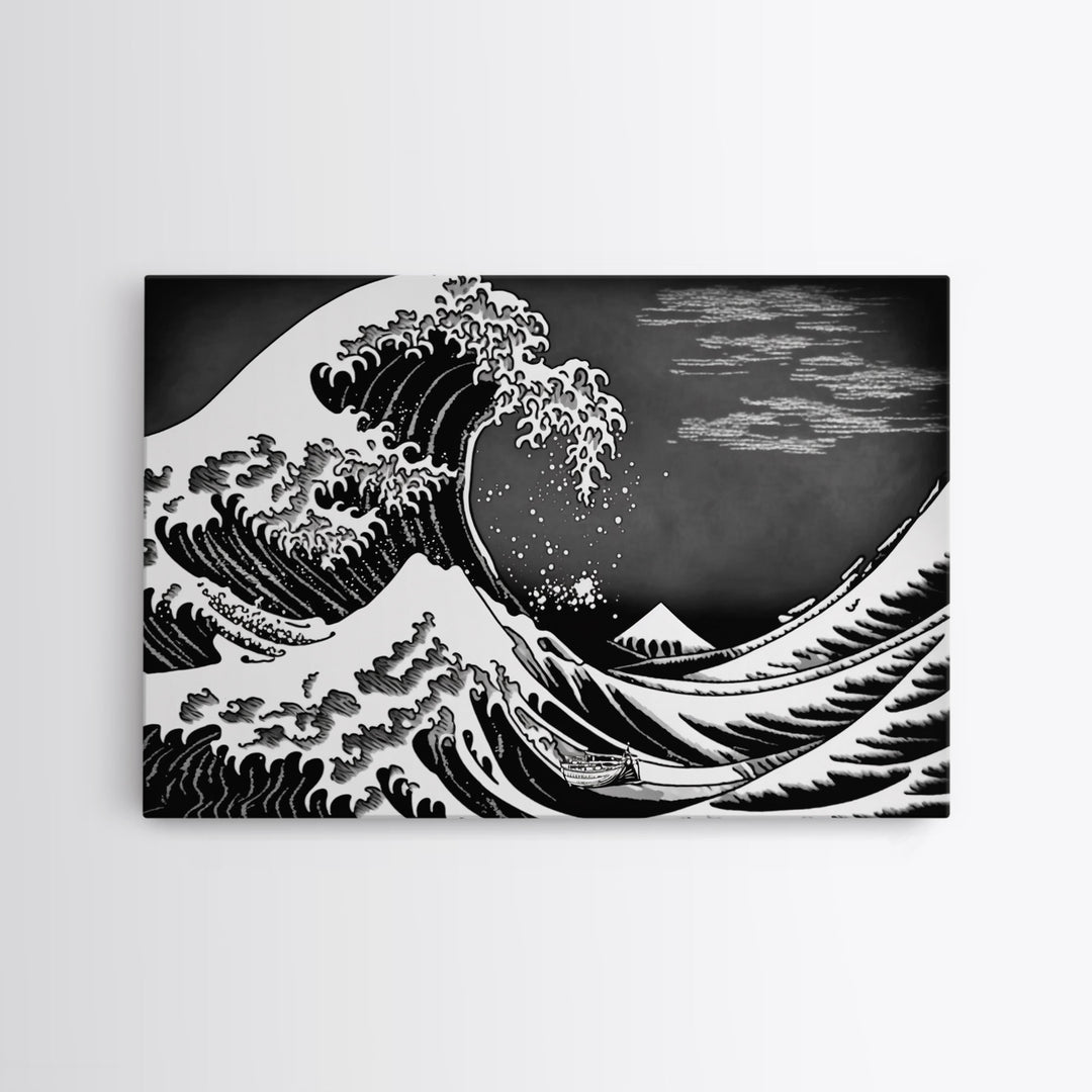Black and White Wave Canvas Print, Hokusai Inspired Wall Art, Woodblock Print Style, Wall Art, Vintage Style Wall Art
