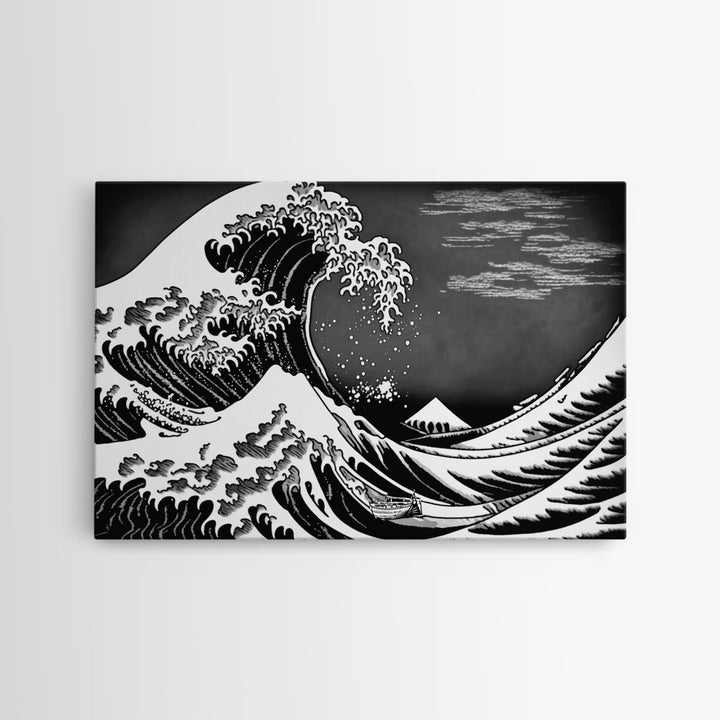 Black and White Wave Canvas Print, Hokusai Inspired Wall Art, Woodblock Print Style, Wall Art, Vintage Style Wall Art