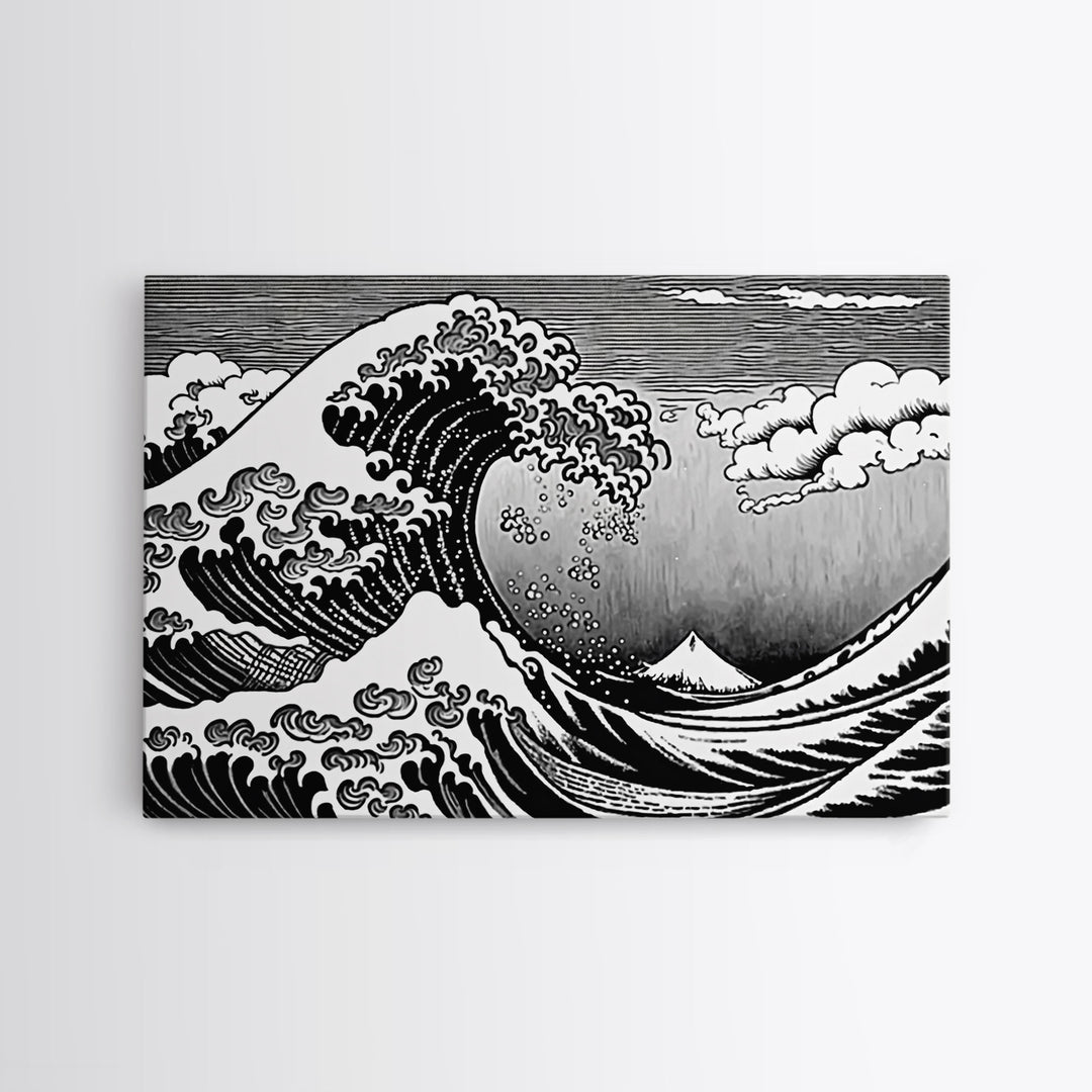 Black and White Wave Canvas Print, Hokusai Inspired Wall Art, Japanese Style Wall Art, Living Room Home Decor, Unique Wall Art