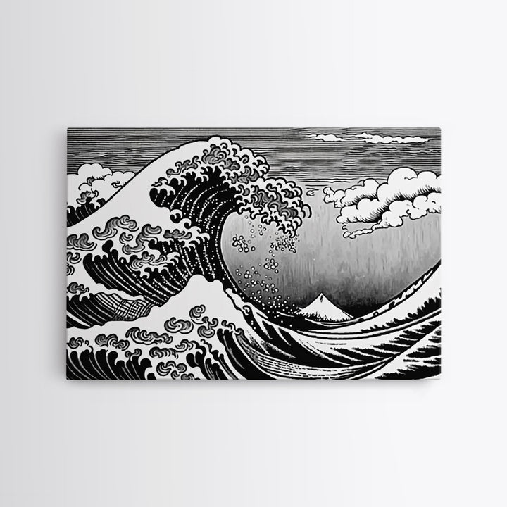 Black and White Wave Canvas Print, Hokusai Inspired Wall Art, Japanese Style Wall Art, Living Room Home Decor, Unique Wall Art