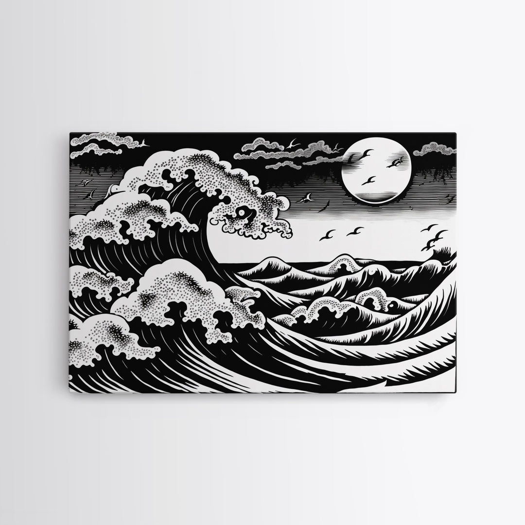 Black and White Wave Canvas Print, Hokusai Inspired Wall Art, Woodblock Print Style, Wall Art, Vintage Style Wall Art