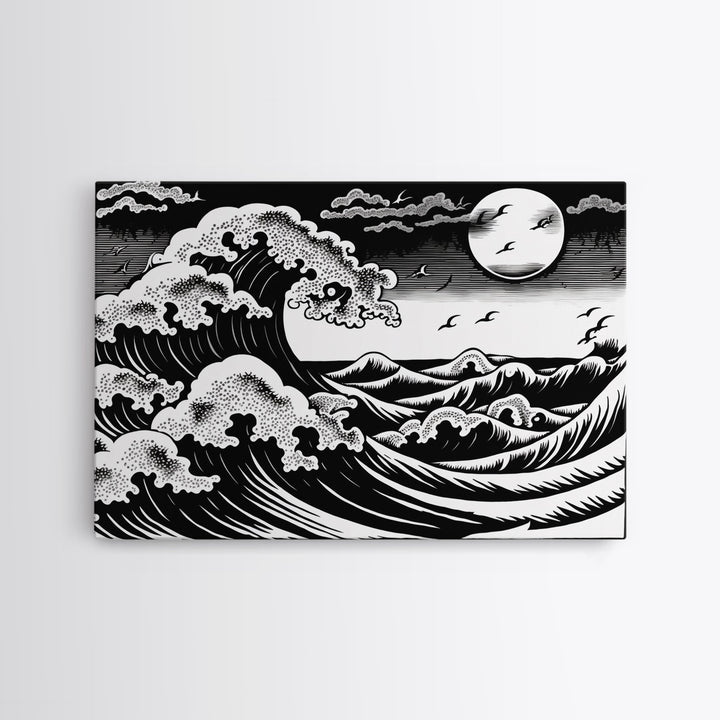 Black and White Wave Canvas Print, Hokusai Inspired Wall Art, Woodblock Print Style, Wall Art, Vintage Style Wall Art