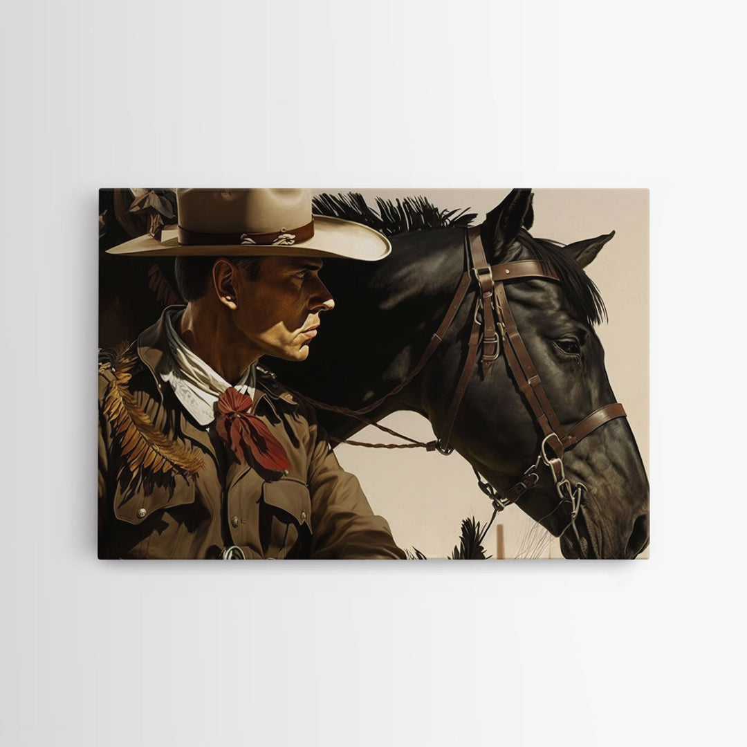 Vintage Cowboys Painting Print Horse Wall Art Canvas Hunting Southwest Sketch Drawing Poster Framed Antique Country Rustic Farmhouse Decor