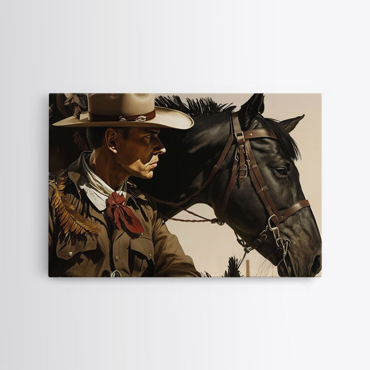 Vintage Cowboys Painting Print Horse Wall Art Canvas Hunting Southwest Sketch Drawing Poster Framed Antique Country Rustic Farmhouse Decor
