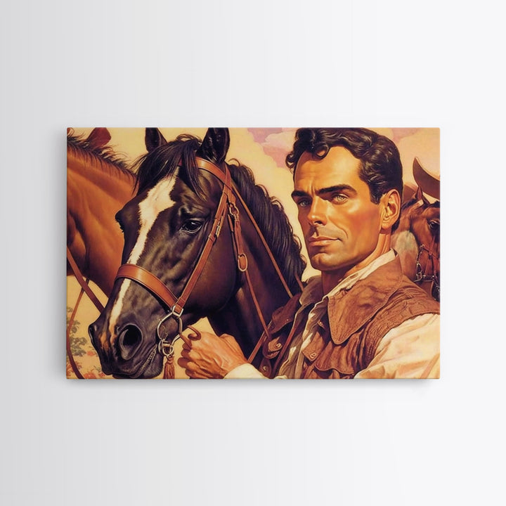 Vintage Cowboys Painting Print Horse Wall Art Canvas Hunting Southwest Sketch Drawing Poster Framed Antique Country Rustic Farmhouse Decor