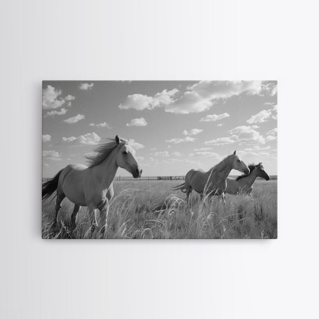Fine Art Framed Canvas Print, Metal Art, Black & White Photo of Wild Mustangs, Horse Art, American Horses Landscape / Nature / Wildlife Art