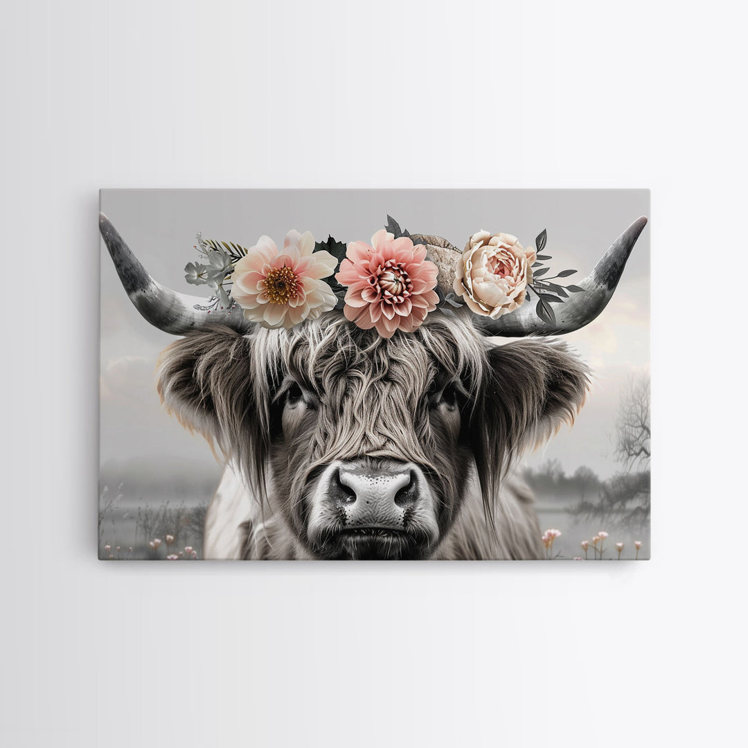 Cute Framed Canvas Wall Art, Cute Cow Wearing Flowers, Farmhouse Decor, Farmhouse Wall At, Extra Large Boho Decor, Minimalist Modern Art